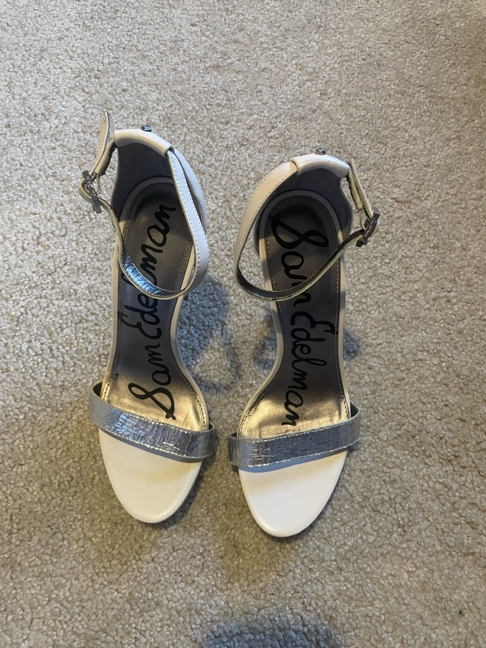 Sam Edelman White Silver Ankle Strap Stiletto Sandals Sz 7